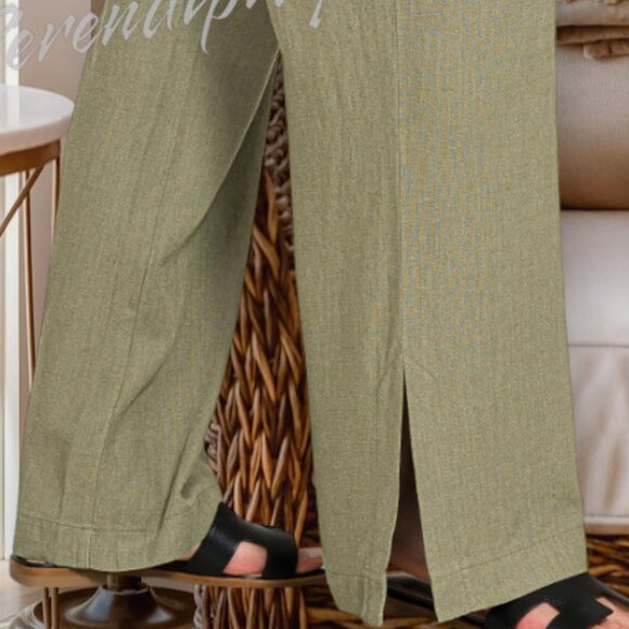 Zenana Baggy Flare Leg Elastic Drawstring Baggy Lightweight Linen Pants. - Picture 4 of 8